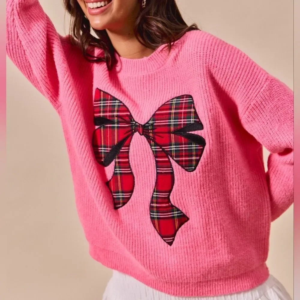SO ME Women's Pink Plaid Bow Appliqué Sweater Oversized Holiday Knits sz XL